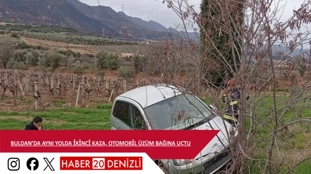Buldan’da aynı yolda ikinci kaza, otomobil üzüm bağına uçtu
