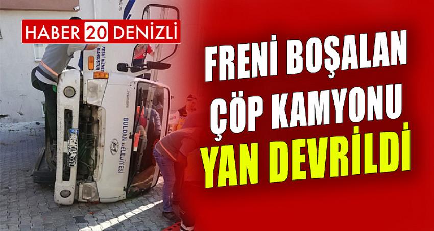 FRENİ BOŞALAN ÇÖP KAMYONU YAN DEVRİLDİ