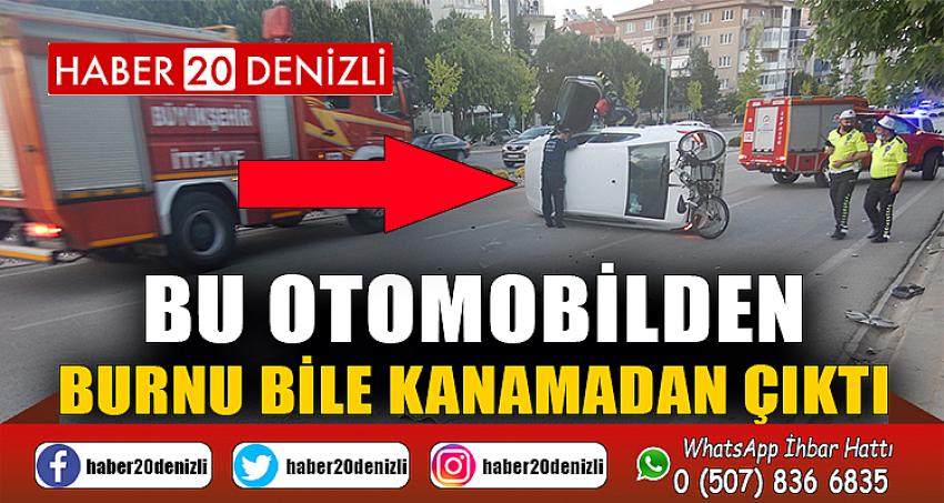 Aydınlatma direğine çarpıp yan yatan otomobilden burnu dahi kanamadan çıktı