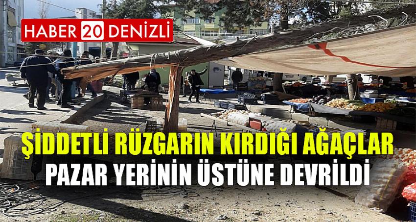 Şiddetli rüzgarın kırdığı ağaçlar pazar yerinin üstüne devrildi