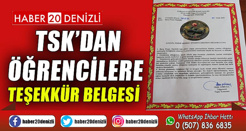 TSK’dan öğrencilere teşekkür belgesi